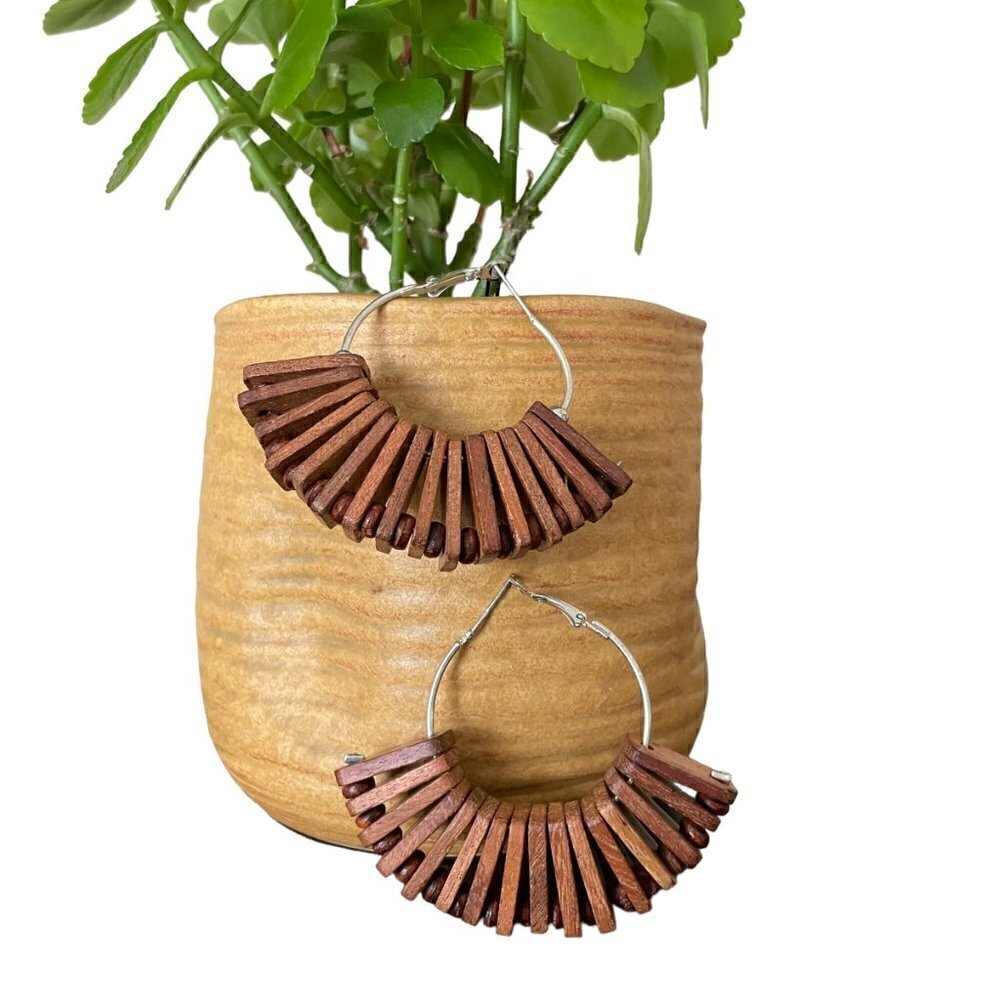 Wooden/Silver Fan Hoop Earrings